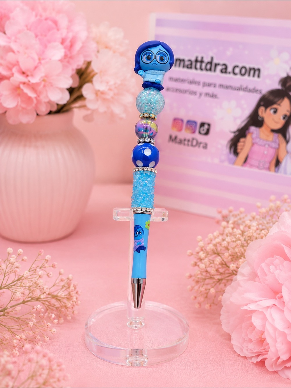 Disney Pixar Sadness Inside Out Beadable Pen | Handmade Blue Beaded Pen